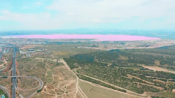 Las Salinas, parlak renk ünlü yer pembe göl panoramik havadan görünümü video. Torrevieja şehir ve Akdeniz kıyı şeridi. Costa Blanca' yı. Alicante eyaleti. İspanya — Stok video