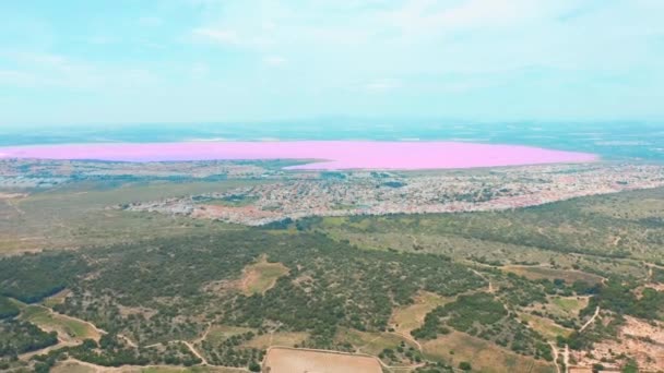 Las Salinas, parlak renk ünlü yer pembe göl panoramik havadan görünümü video. Torrevieja şehir ve Akdeniz kıyı şeridi. Costa Blanca' yı. Alicante eyaleti. İspanya — Stok video