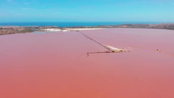 Panoramische bovenaanzicht video van Las Salinas, heldere kleur beroemde plek Pink Lake. Kustlijn van de stad Torrevieja en de Middellandse Zee. Costa Blanca. Provincie Alicante. Spanje. — Stockvideo