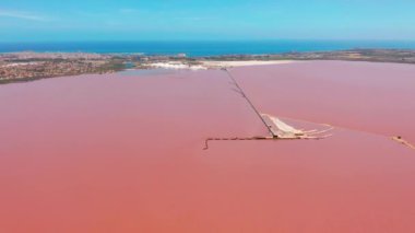 Las Salinas, parlak renk ünlü yer pembe göl panoramik havadan görünümü video. Torrevieja şehir ve Akdeniz kıyı şeridi. Costa Blanca' yı. Alicante eyaleti. İspanya.