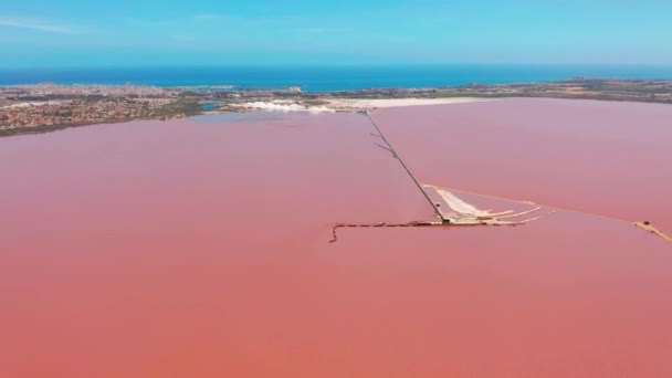 Πανοραμικό βίντεο με εναέρια θέα του Las Salinas, φωτεινό χρώμα, διάσημο μέρος ροζ λίμνη. Ακτογραμμή της πόλης της Τορεβιέχα και της Μεσογειακής θάλασσας. Κόστα Μπλάνκα. Επαρχία Αλικάντε. Ισπανία. — Αρχείο Βίντεο