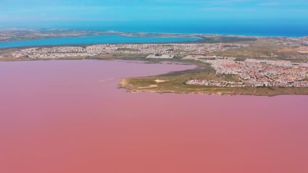 Εναέρια θέα στις λίμνες εξάτμισης αλατιού θαλάσσης με ροζ χρώμα. — Αρχείο Βίντεο
