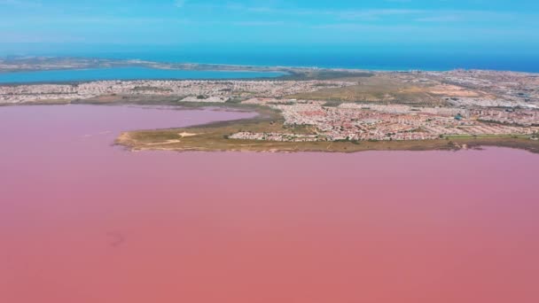 Flygvy. Salt havsvatten avdunstning dammar med rosa färg. — Stockvideo