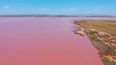 Havadan görünüm. Pembe renkli tuzlu deniz suyu buharlaşma havuzları.