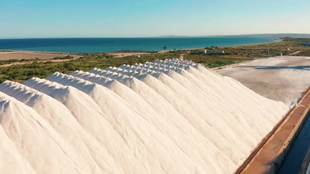 Aerial view of industrial extraction of salt in the desert, pile of salt. — Stock Video