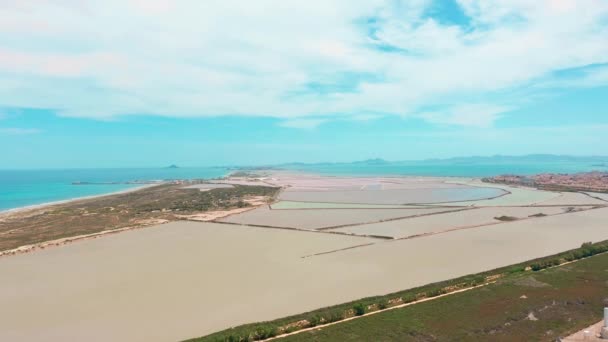 Množarevná solná jezera s přímořskými solnými močály, letecký výhled, natáčení videa s Drone. Růžová solná jezera a tyrkysové moře, vzdušné video. — Stock video