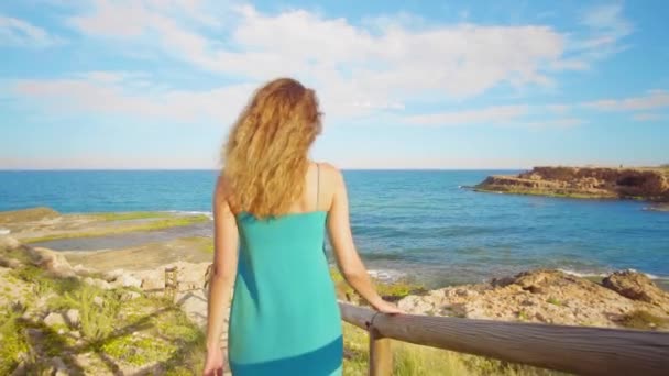 Mädchen läuft eine Holztreppe hinunter zur tropischen Küste. Erholung. Sommer. — Stockvideo