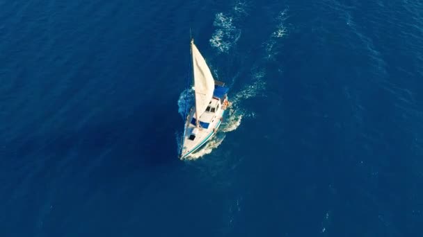 Havadan görünüm. Güneşli bir gün açık denizde yat yelken. Yelkenli tekne. — Stok video