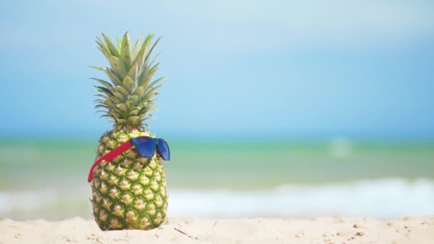 Veselý ananas v slunečních brýlích na dovolené na moři. Koncept letní dovolené. — Stock video