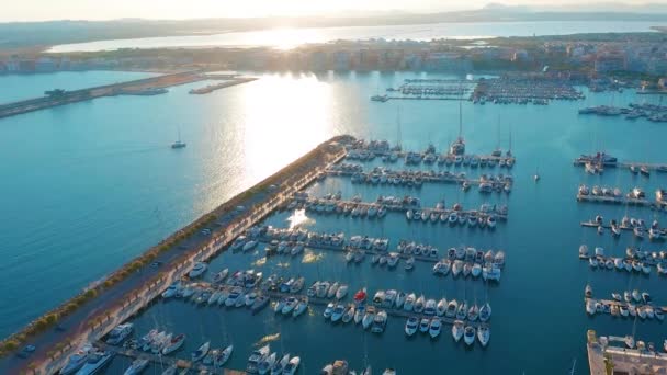 Вид с воздуха пристань для яхт с парусниками . — стоковое видео