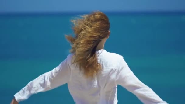 Vista posterior de la joven mujer con el viento en el pelo levantando las manos en la cima del acantilado sobre el hermoso mar. Concepto libertad y relax . — Vídeo de stock