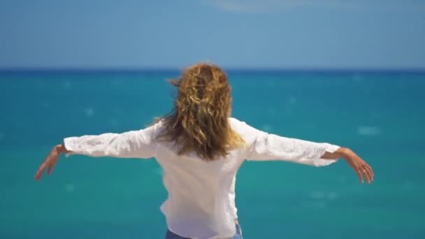 Vue arrière de la jeune femme avec du vent dans les cheveux levant les mains au sommet d'une falaise au-dessus d'une belle mer. Concept liberté et détente . — Video