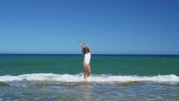 Vista aérea. Mulher esbelta dançando na praia de mar rochoso . — Vídeo de Stock
