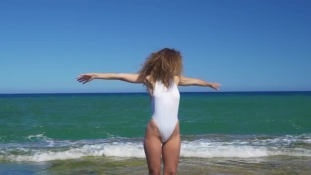 Vista aérea. Mulher esbelta dançando na praia de mar rochoso . — Vídeo de Stock