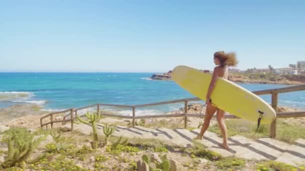 Vista posteriore della ragazza surfista attraente, a piedi sulla spiaggia con tavola da surf . — Video Stock