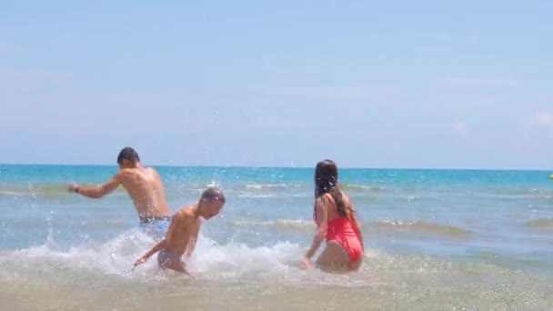 Lycklig familj, har plaska varandra i havet. — Stockvideo