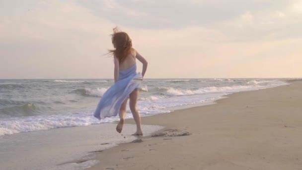 若い赤毛の笑顔の女の子は、夏に海辺のビーチで紫色のドレスで走ります. — ストック動画