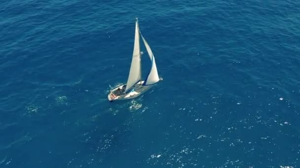 鸟瞰。在阳光明媚的日子里, 游艇在公海上航行。帆船. — 图库视频影像