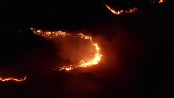 Vista aérea. Incêndio perigoso no campo. Fogo noturno, desastre natural . — Vídeo de Stock