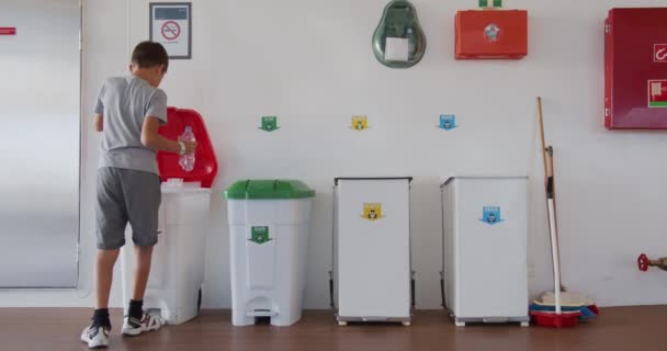 男の子はプラスチックボトルを右のゴミ箱に投げます。プラスチックのリサイクル、ゴミの適切な分別. — ストック動画