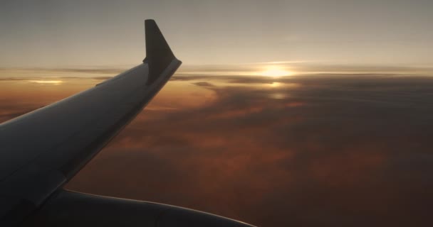 Skrzydło samolotu lecącego nad chmurami z zachodem słońca. Widok z okna samolotu. — Wideo stockowe