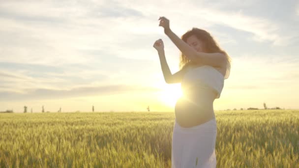 Mãe grávida a dançar. Conceito Gravidez e maternidade. Bonito e divertido mãe dançando no por do sol . — Vídeo de Stock