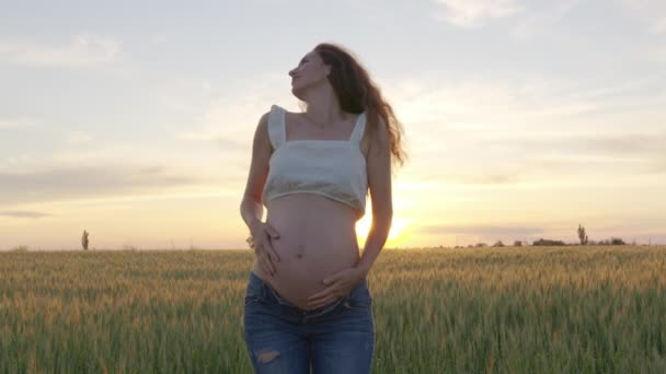 Gelukkig zwanger vrouw hebben plezier en dansen in de natuur. — Stockvideo