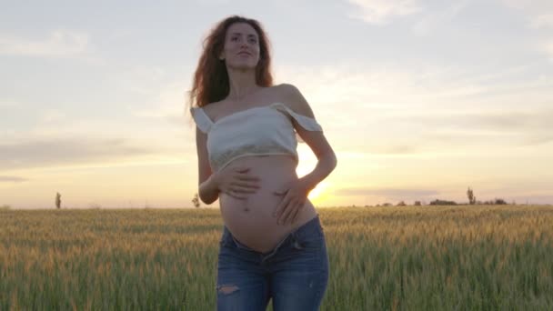 Feliz mulher grávida se divertindo e dançando na natureza . — Vídeo de Stock