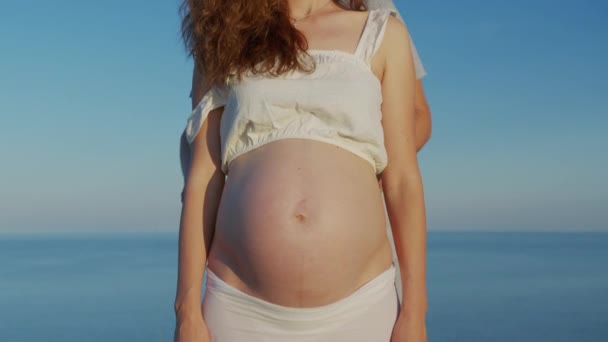 Os pais fazem fazer uma forma de coração com as mãos na barriga grávida . — Vídeo de Stock