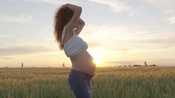 Dancing pregnant woman in the field. — Stock Video