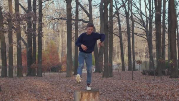 Αγόρι που χορεύει στο πάρκο του φθινοπώρου σε ένα κούτσουρο. — Αρχείο Βίντεο