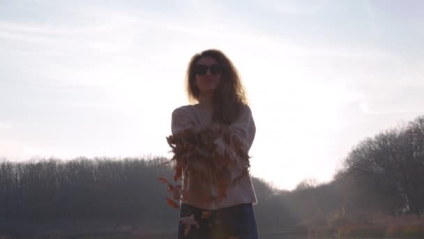 Chica lanzando follaje de otoño de colores en el aire en el parque . — Vídeos de Stock