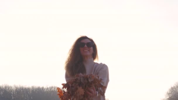 Chica lanzando follaje de otoño de colores en el aire en el parque . — Vídeos de Stock