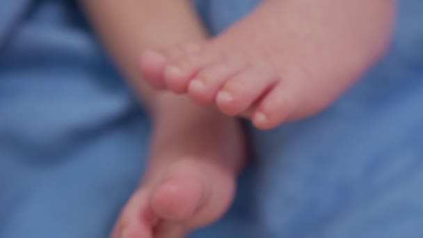 Voetjes van een pasgeboren baby. Zorgen voor een kind. Sluitingsdatum. — Stockvideo