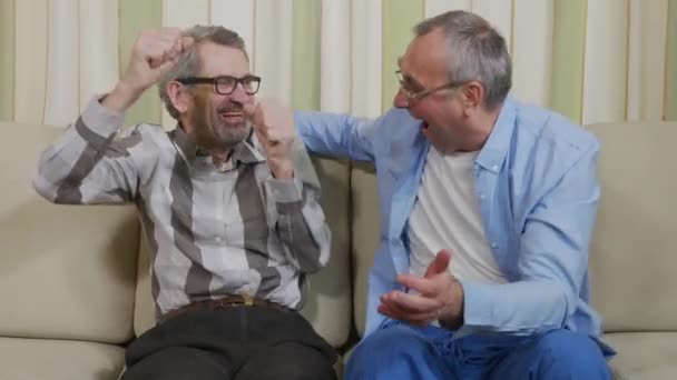 Nettes attraktives älteres homosexuelles Paar sitzt zusammen auf einem Sofa zu Hause. Freunde lachen und umarmen sich. — Stockvideo