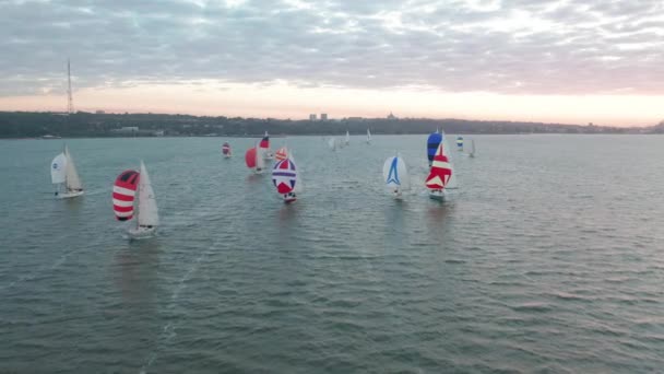 Video aéreo de la carrera de barcos en el mar. — Vídeo de stock