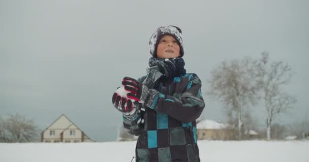 Junge hat Spaß beim Spaziergang auf dem Land, beim Aufwerfen von glitzerndem Schnee und beim Schneeballwerfen. — Stockvideo