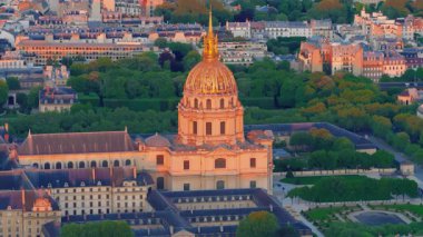 The center of Paris from the height of the Eiffel Tower. Main landmarks of European megapolis Les Invalides.