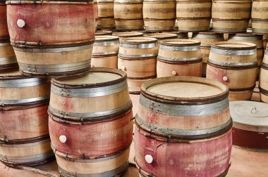 Şarap boş varil sonraki hasat sonrası kullanılmak üzere bekleyen bir şarap mahzeni yer dizilir.