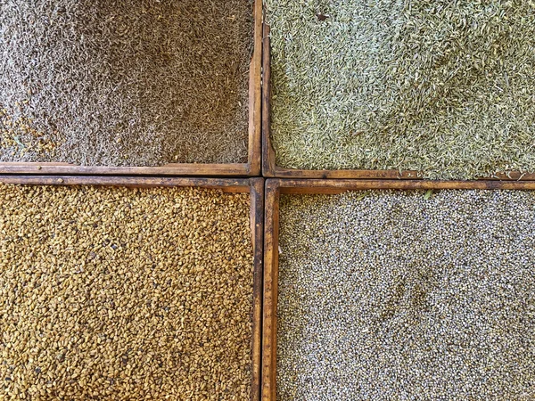 Vier Behälter Einem Marktstand Sind Mit Verschiedenfarbigen Samen Oder Gewürzen — Stockfoto