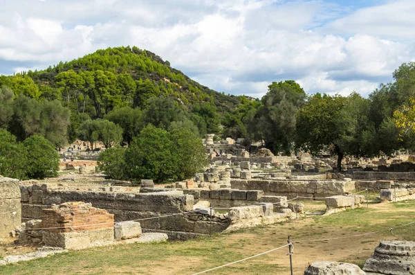 Ancient ruins of archaeological site of Olympia in Peloponnese, Greece. In antiquity the Olympic Games were hosted every four years in Olympia from 776 BC, Olympia, Greece