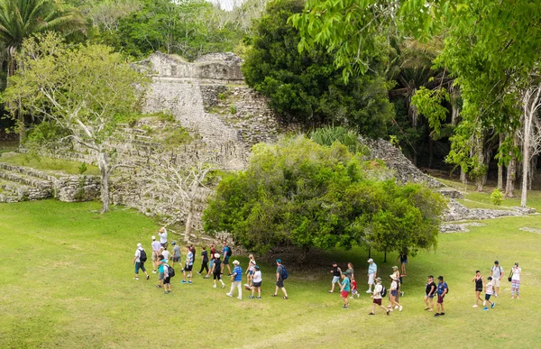 コウンリッヒ メキシコ 2019年4月24日 コウンリッヒのマヤの都市で古い遺跡を訪れる観光客グループ コロンビア前マヤ文明の大規模な考古学的遺跡 ユカトン半島 州キンタナルー メキシコ — ストック写真