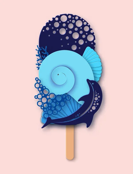 Paper ice cream made of dolphin, sea wave, coral and sea shell. Concept of summer beach vacation. Paper cut modern design