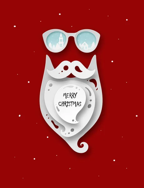 Merry Christmas greeting card with paper hipster Santa Claus beard and mustache with sunglasses. Modern paper cut style background.  Vector illustration