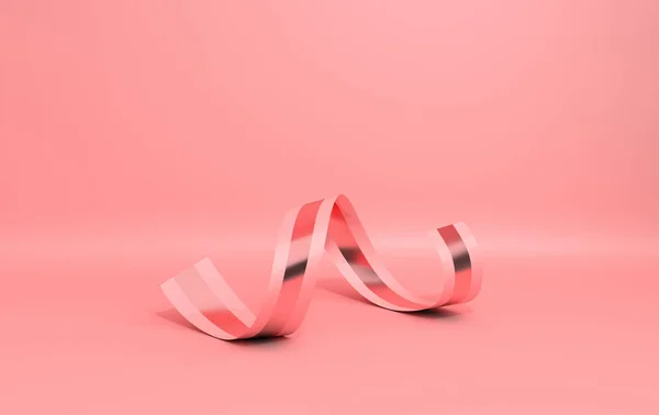 Pink and rose gold glossy ribbon on pink studio background. Holiday festive party backdrop. 3d render illustration