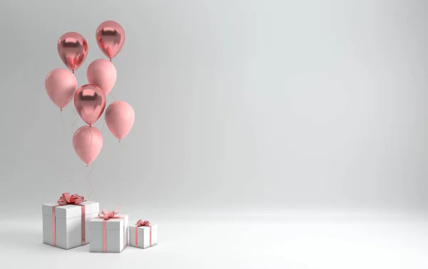 3d render illustration of realistic glossy pink and rose gold balloons and white gift box with ribbon bow on pastel pink background. Empty space for birthday, party, promotion social media banners, posters.