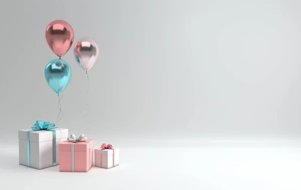 3d render illustration of realistic glossy pink, blue, silver and rose gold balloons and white gift box with ribbon bow on white background. Empty space for birthday, party, promotion social media banners, posters.