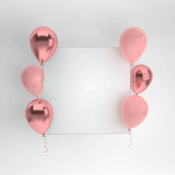 Illustration of glossy pink and rose gold balloons on white background. Empty space for birthday, party, promotion social media banners, posters. 3d render realistic balloons