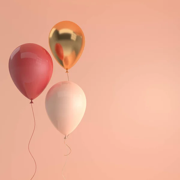 Illustration of glossy red, beige, gold balloons on pastel colored background. Empty space for birthday, party, promotion social media banners, posters. 3d render realistic balloons