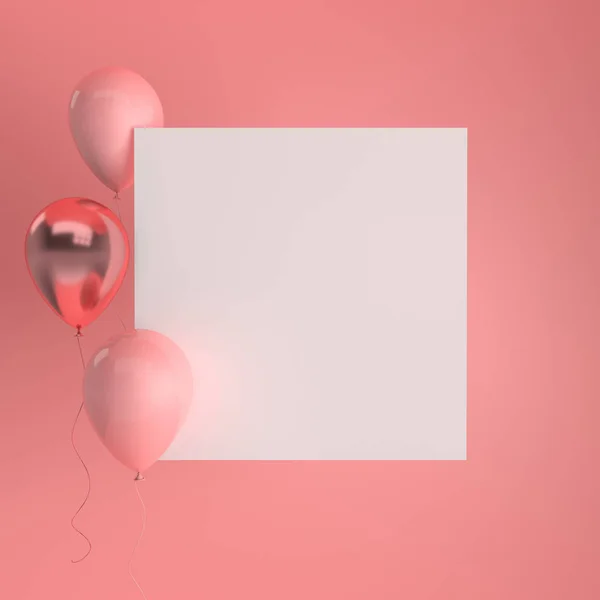 Illustration of glossy pink, rose gold balloons and white empty paper on pastel colored background. Empty space for birthday, party, promotion social media banners, posters. 3d render realistic balloons